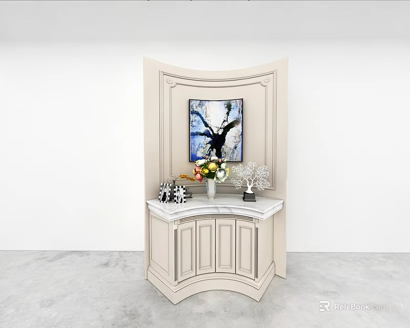Elegant Entryway Side Cabinet With Floral Vase Decorative Painting And Ornaments 3d model 