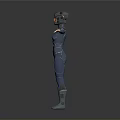 Female Game Movie Character In Blue Tight Combat Suit With Helmet And Arms Outstretched