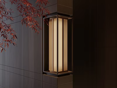 Modern Wall Lamp With Glass Shade On Dark Wooden Wall And Red Leaves 3d model