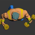 Muscular Game Movie Character With Spiky Blue Hair Yellow Shirt Blue Pants And Yellow Dumbbells