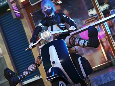 Woman Blue Purple Hair Mask Black Jacket On Blue White Scooter Night Street Neon Lights 3d model