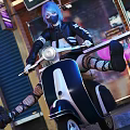 Woman Blue Purple Hair Mask Black Jacket On Blue White Scooter Night Street Neon Lights