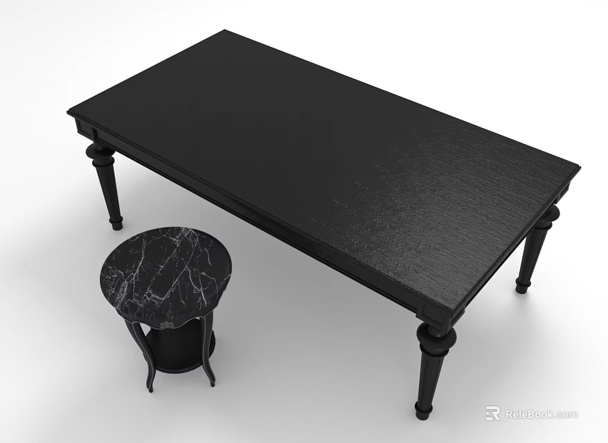 Black Long Table And Small Round Stool With Marble Top Indoor Furniture Design 3d model 