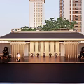 Modern Garden Landscape With Water Pond Lush Green Trees And Seating Area