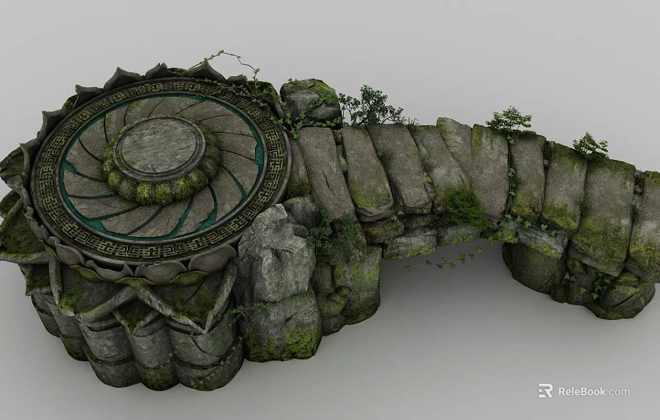 Ancient Architecture Featuring Circular Stone Structure With Carved Lotus Pattern And Vine Covered Blocks 3d model