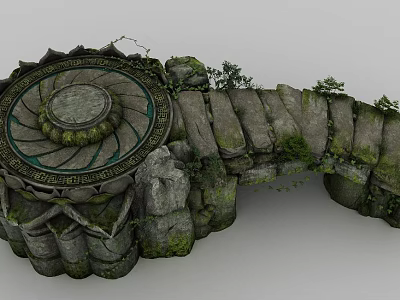 Ancient Architecture Featuring Circular Stone Structure With Carved Lotus Pattern And Vine Covered Blocks 3d model