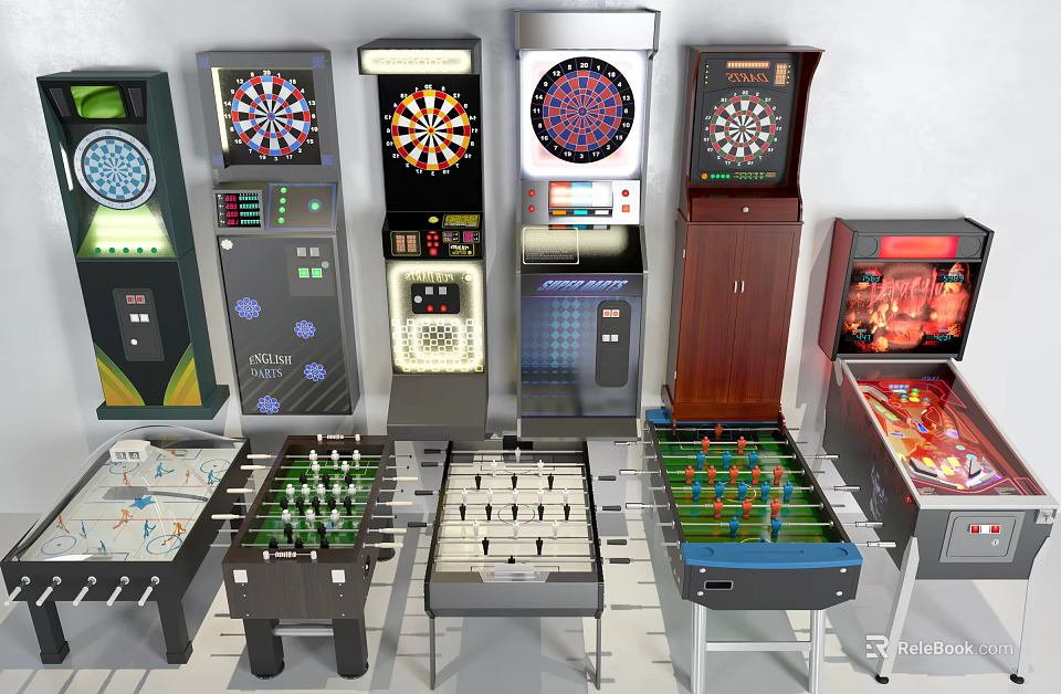 Diverse Entertainment Appliances With Dart Machines Foosball Tables Air Hockey Tables And Pinball Machines 3d model 