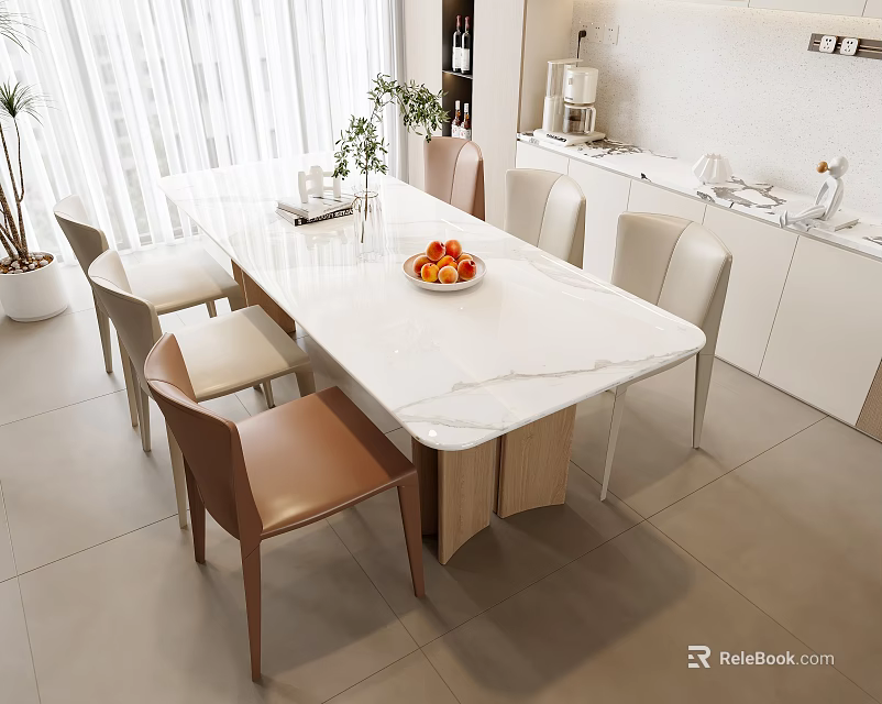 Modern Dining Table Set In Open Kitchen With White Marble Top Chairs And Cabinets 3d model