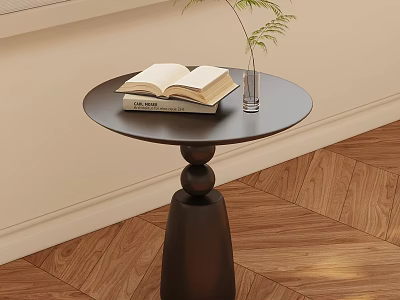 Modern Round Black Side Table with Open Book Stack and Glass Vase on Wooden Floor 3d model