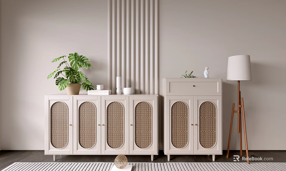 Entryway Cabinet And Side Cabinet With Rattan Doors Light Colored Wall Potted Plant Floor Lamp 3d model 
