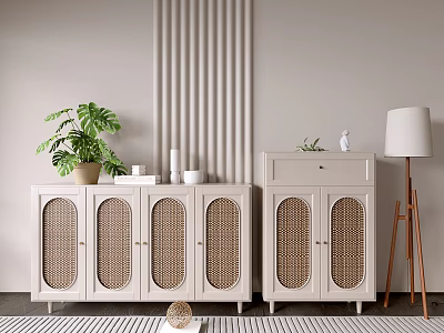 Entryway Cabinet And Side Cabinet With Rattan Doors Light Colored Wall Potted Plant Floor Lamp 3d model
