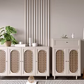 Entryway Cabinet And Side Cabinet With Rattan Doors Light Colored Wall Potted Plant Floor Lamp
