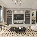 Modern Dining and Living Room Interior With Chandelier Sofa Rug and Floor to Ceiling Windows