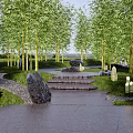 Tranquil Park Landscape With Bamboo Grove Stone Pathway Green Lawn And Decorative Lights