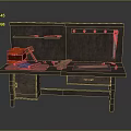 Practical Wooden Workbench With Tools Hammer Ruler Red Box Wooden Boards And Hanging Tools