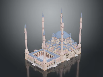 Traditional Islamic Mosque Architecture With Blue Dome And Multiple Minarets 3d model