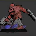 Red Armored Game Character With Black Spots Holding Dual Silver Guns On Purple Orange Base