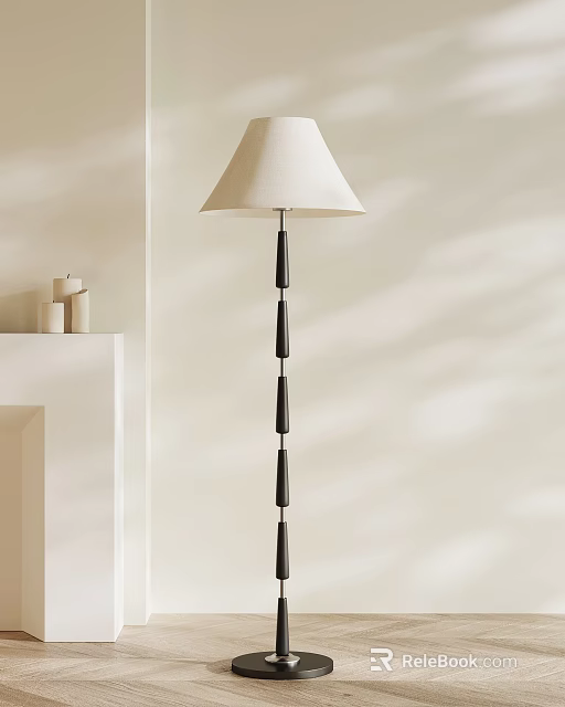 Modern Floor Lamp With Black Pole Cream Lampshade And Cylindrical Accents Near White Shelf 3d model 