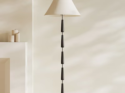 Modern Floor Lamp With Black Pole Cream Lampshade And Cylindrical Accents Near White Shelf 3d model