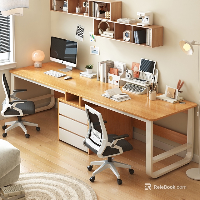 Wooden Desk and Wheeled Office Chair Set with Computer Desk Lamp Books and Potted Plant 3d model 