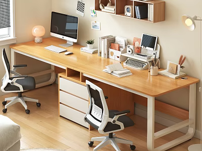 Wooden Desk and Wheeled Office Chair Set with Computer Desk Lamp Books and Potted Plant 3d model