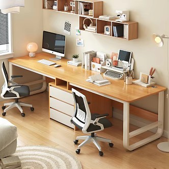 Desk Table and Chair Combination Study Ornaments Nordic Log 3d model