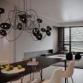 Modern Restaurant Interior With Dining Table Chairs Stylish Pendant Lights Black White Walls And TV