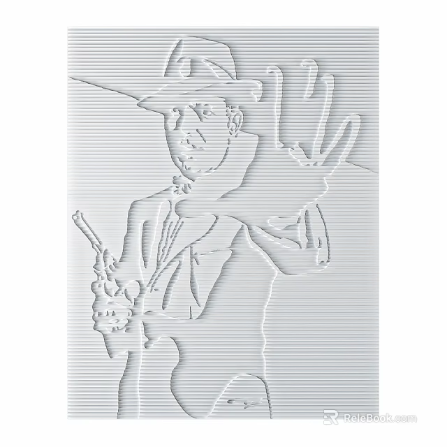 Line Carved Male Figure Wearing Hat Suit Holding Gun With Left Stop Gesture 3d model 