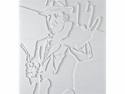 Line Carved Male Figure Wearing Hat Suit Holding Gun With Left Stop Gesture 3d model