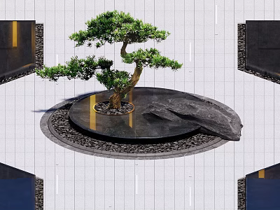 Elegant Bonsai Garden Ornament With Circular Black Stone Base And Small Pebbles 3d model