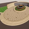 Modern Landscape Seats With Curved Structure Green Lawn And Circular Geometric Pavement