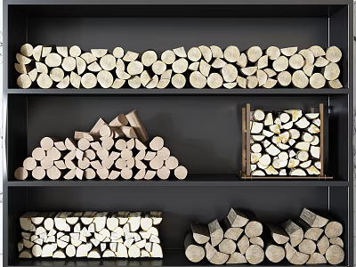 Stone Wood Firewood Stacked On Multiple Shelves With Different Sizes And Shapes 3d model