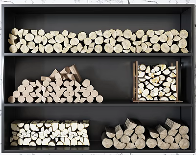 Stone Wood Firewood Stacked On Multiple Shelves With Different Sizes And Shapes 3d model