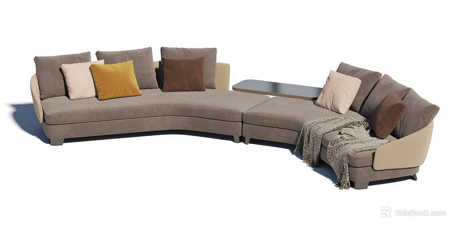 L shaped Sectional Sofa With Neutral Tone Fabric Multiple Colored Cushions And Throw Blanket 3d model
