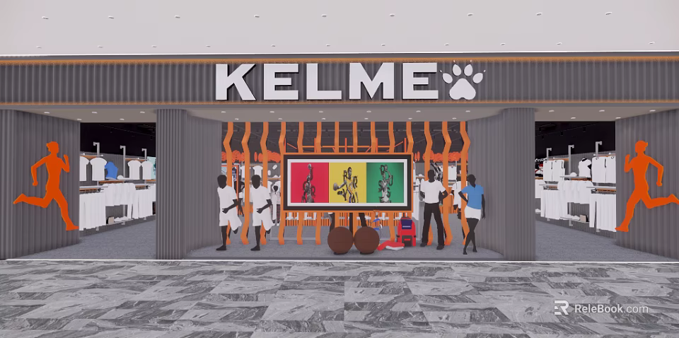 KELME Clothing Store with Orange Black Striped Storefront People at Entrance and Large Screen 3d model 