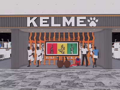 KELME Clothing Store with Orange Black Striped Storefront People at Entrance and Large Screen 3d model