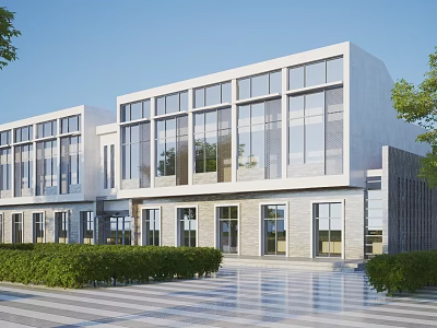 Modern Commercial Building Exterior With Gray White Facade Large Glass Windows And Neat Hedges 3d model