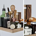 Kitchen Utensils Display On Wooden Tray With Jars Bread Basket And Spoons