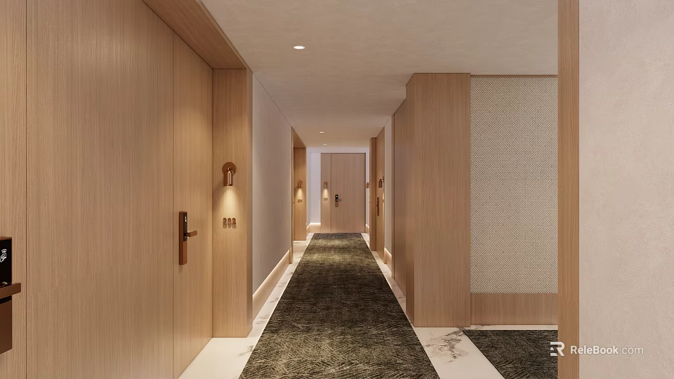 Elegant Modern Hotel Corridor Design With Wooden Doors Warm Lighting And Luxury Carpet 3d model 