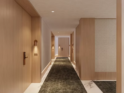 Elegant Modern Hotel Corridor Design With Wooden Doors Warm Lighting And Luxury Carpet 3d model