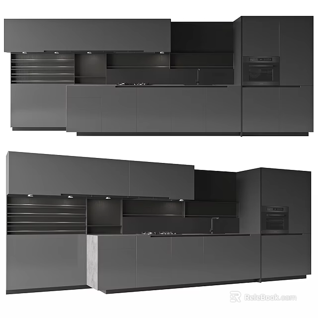 Modern Kitchen Design Featuring Sleek Gray Cabinets With Upper Lower Storage And Integrated Oven 3d model