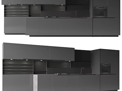 Modern Kitchen Design Featuring Sleek Gray Cabinets With Upper Lower Storage And Integrated Oven 3d model