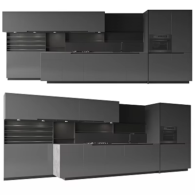 Modern Kitchen Design Featuring Sleek Gray Cabinets With Upper Lower Storage And Integrated Oven 3d model