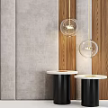Modern Bedroom Accent Wall Design With Gray Padded Panels Wooden Slats Round Lit Mirror Black Shelf