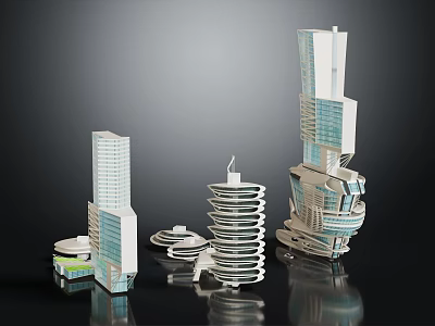 Modern Architectural Models Featuring High Rise Buildings With Unique Glass Facades And Spiral Structures 3d model