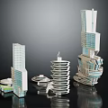 Modern Architectural Models Featuring High Rise Buildings With Unique Glass Facades And Spiral Structures