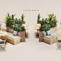 Leisure Booth Sofa Setup With Green Plants Round Tables And Comfortable Chairs
