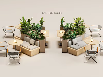 Leisure Booth Sofa Setup With Green Plants Round Tables And Comfortable Chairs 3d model