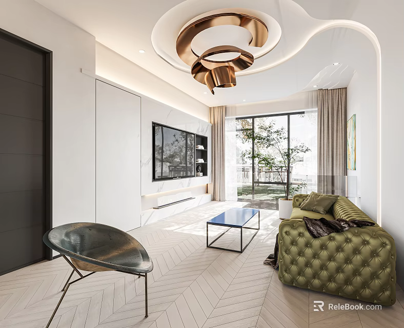 Modern Living and Dining Room Interior With Green Velvet Sofa Metal Chair And Herringbone Floor 3d model 