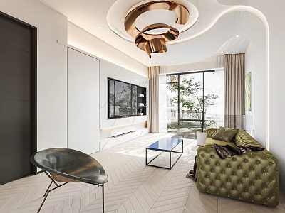 Modern Living and Dining Room Interior With Green Velvet Sofa Metal Chair And Herringbone Floor 3d model